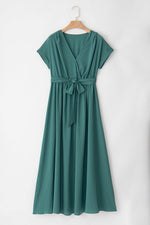 Load image into Gallery viewer, Blackish Green Solid Color V Neck Wrap Pleated Short Sleeve Maxi Dress - Fashion Queen -  5
