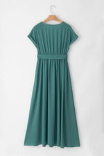 Load image into Gallery viewer, Blackish Green Solid Color V Neck Wrap Pleated Short Sleeve Maxi Dress - Fashion Queen -  6
