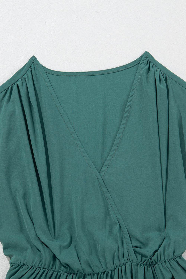 Blackish Green Solid Color V Neck Wrap Pleated Short Sleeve Maxi Dress - Fashion Queen -  7