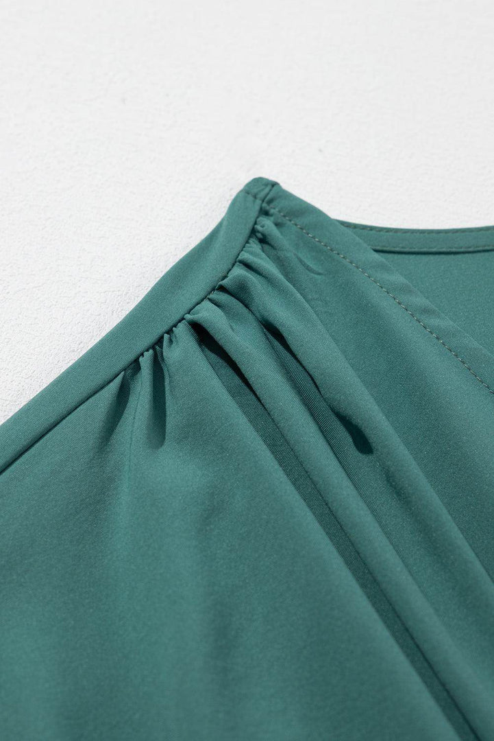 Blackish Green Solid Color V Neck Wrap Pleated Short Sleeve Maxi Dress - Fashion Queen -  8