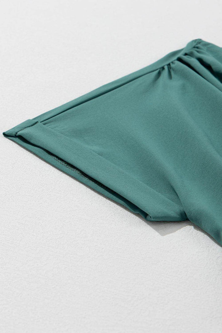 Blackish Green Solid Color V Neck Wrap Pleated Short Sleeve Maxi Dress - Fashion Queen -  9