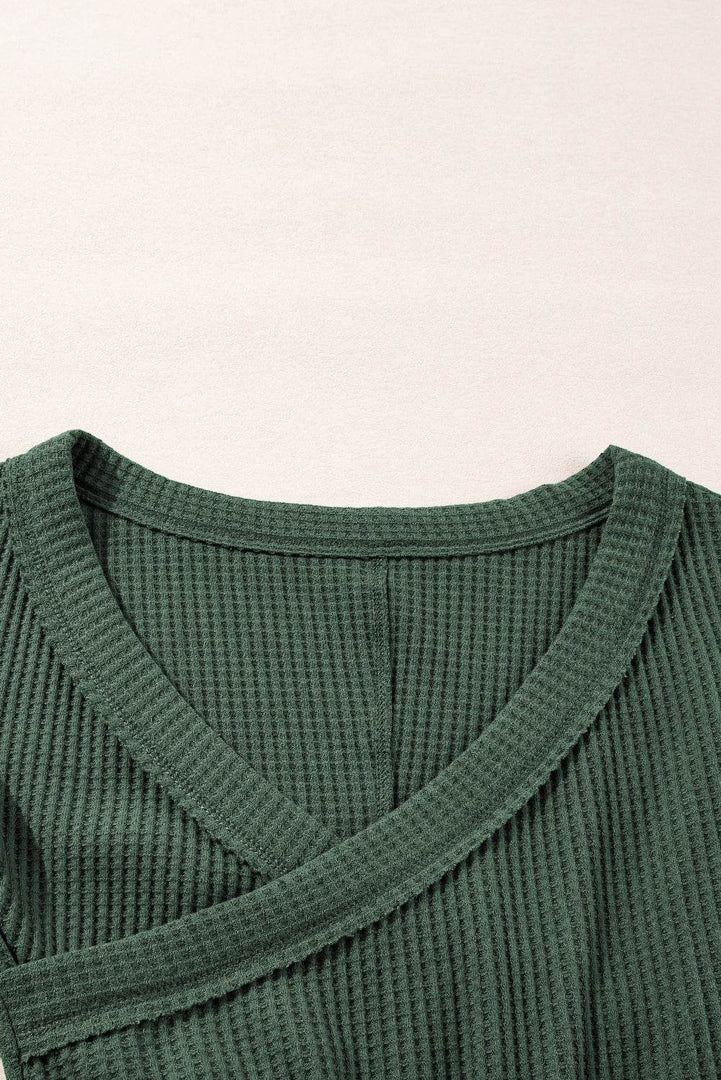 Blackish Green Waffle Knit Slim Fit Wrap V Neck Bodysuit - Fashion Queen -  10