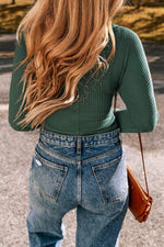 Load image into Gallery viewer, Blackish Green Waffle Knit Slim Fit Wrap V Neck Bodysuit - Fashion Queen -  2

