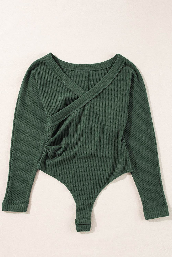 Blackish Green Waffle Knit Slim Fit Wrap V Neck Bodysuit - Fashion Queen -  3