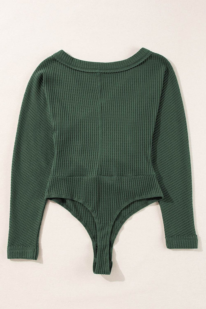 Blackish Green Waffle Knit Slim Fit Wrap V Neck Bodysuit - Fashion Queen -  4