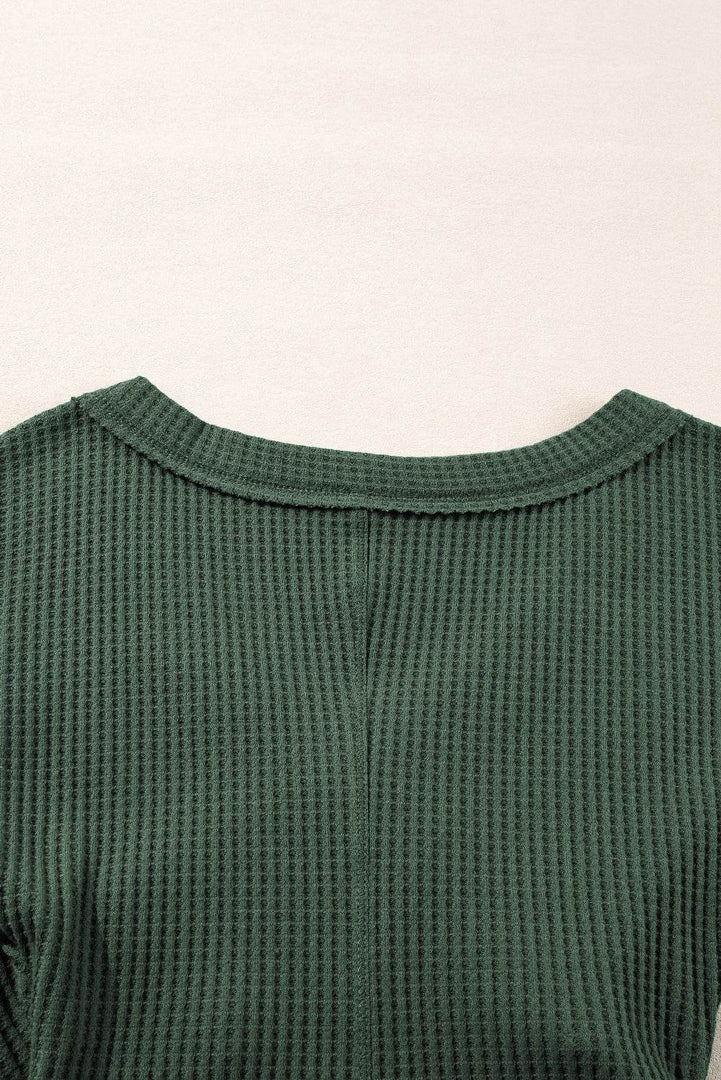 Blackish Green Waffle Knit Slim Fit Wrap V Neck Bodysuit - Fashion Queen -  6