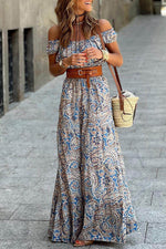 Load image into Gallery viewer, Blue Boho Paisley Print Off Shoulder Maxi Dress - Fashion Queen -  1

