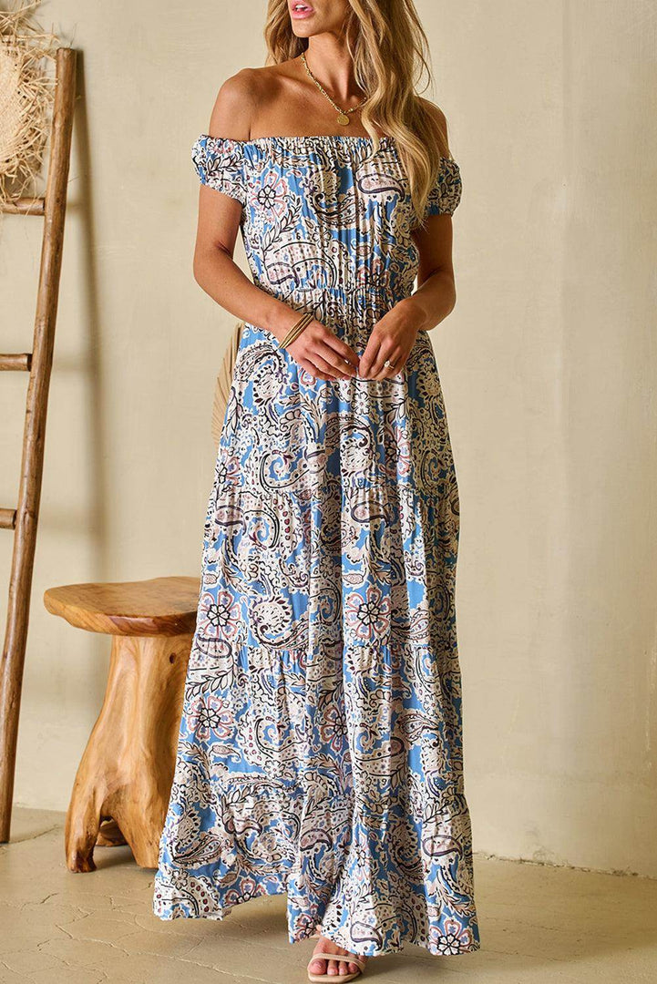 Blue Boho Paisley Print Off Shoulder Maxi Dress - Fashion Queen -  11