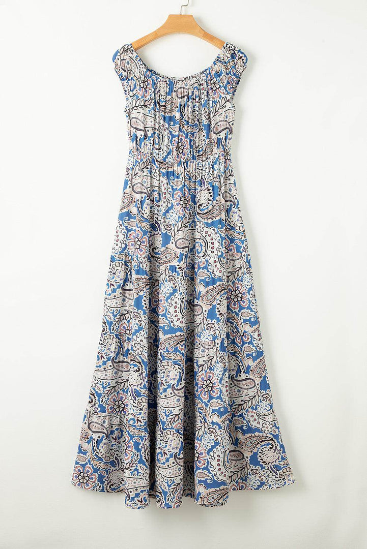 Blue Boho Paisley Print Off Shoulder Maxi Dress - Fashion Queen -  12