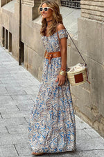 Load image into Gallery viewer, Blue Boho Paisley Print Off Shoulder Maxi Dress - Fashion Queen -  2
