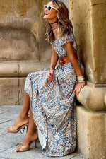 Load image into Gallery viewer, Blue Boho Paisley Print Off Shoulder Maxi Dress - Fashion Queen -  3
