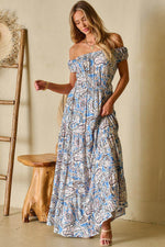 Load image into Gallery viewer, Blue Boho Paisley Print Off Shoulder Maxi Dress - Fashion Queen -  9
