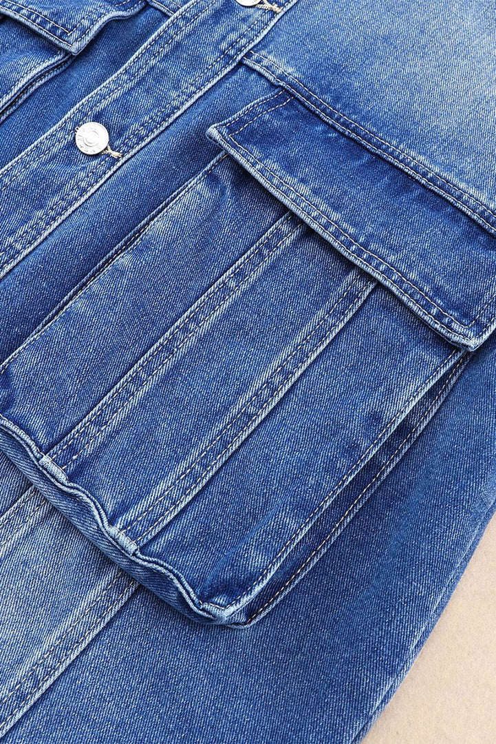 Blue Chest Pockets Drop Shoulder Loose Denim Jacket - Fashion Queen -  10