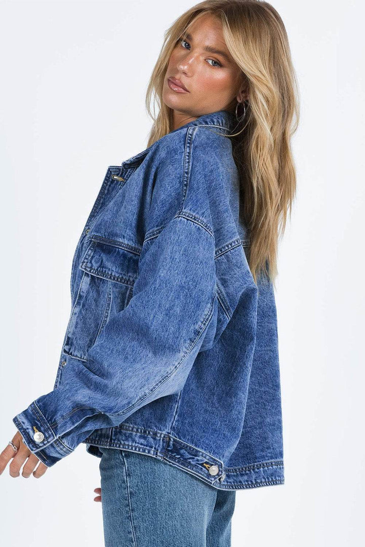 Blue Chest Pockets Drop Shoulder Loose Denim Jacket - Fashion Queen -  3