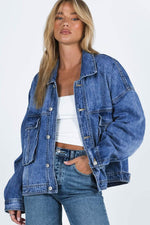 Load image into Gallery viewer, Blue Chest Pockets Drop Shoulder Loose Denim Jacket - Fashion Queen -  4
