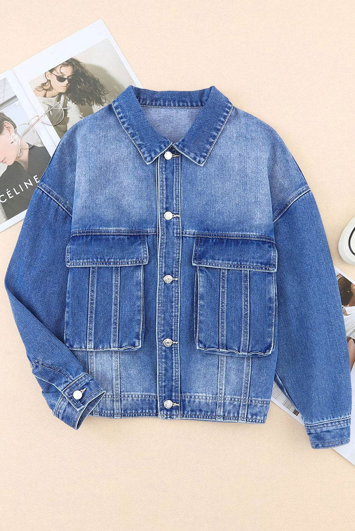 Blue Chest Pockets Drop Shoulder Loose Denim Jacket - Fashion Queen -  5