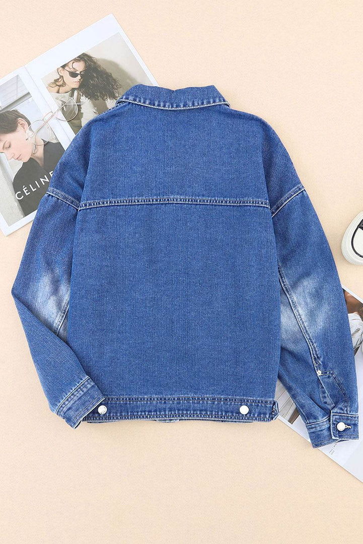 Blue Chest Pockets Drop Shoulder Loose Denim Jacket - Fashion Queen -  6