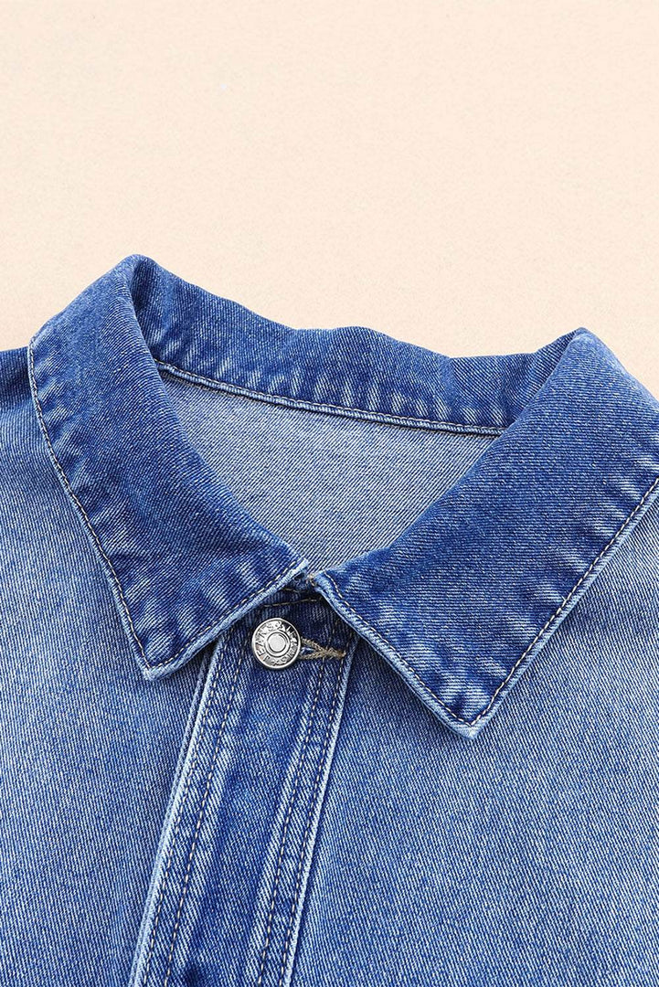Blue Chest Pockets Drop Shoulder Loose Denim Jacket - Fashion Queen -  8