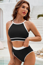 Load image into Gallery viewer, Blue Contrast Trim Crisscross Back High Waisted Bikini - Fashion Queen -  19
