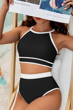 Load image into Gallery viewer, Blue Contrast Trim Crisscross Back High Waisted Bikini - Fashion Queen -  21
