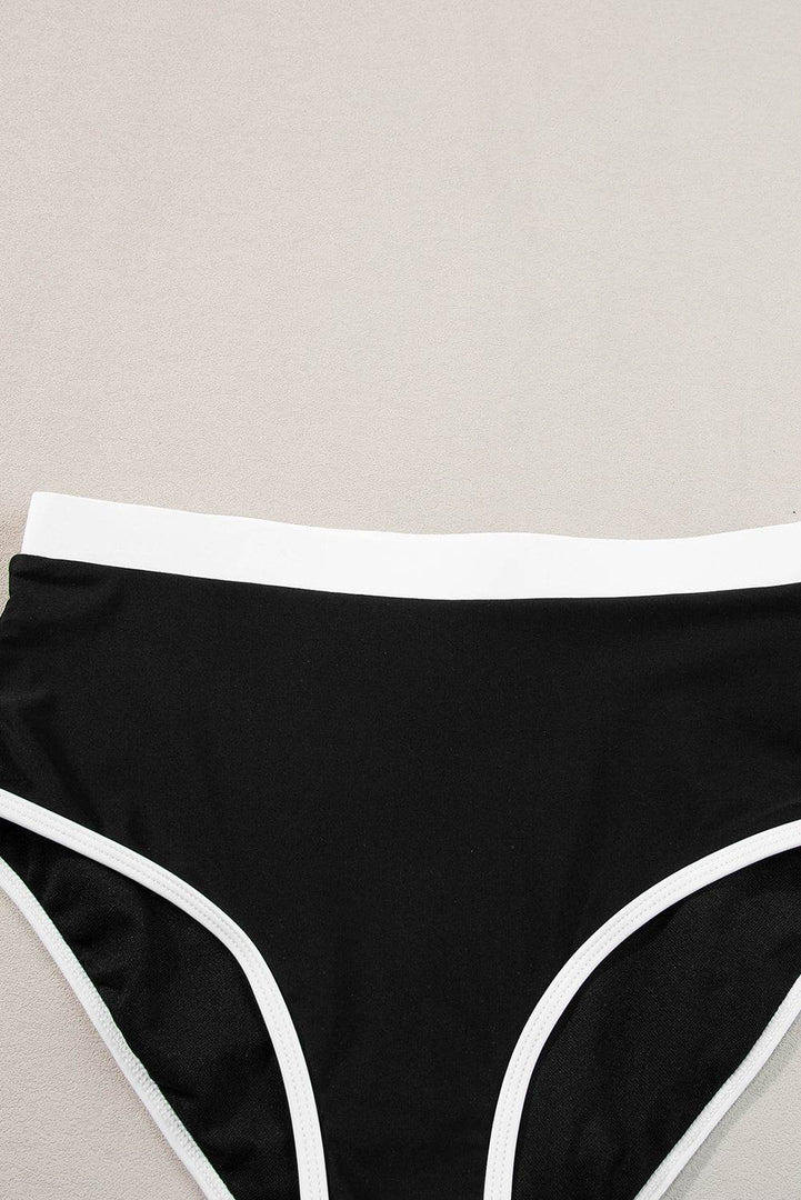 Blue Contrast Trim Crisscross Back High Waisted Bikini - Fashion Queen -  28