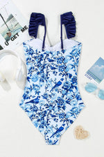 Load image into Gallery viewer, Blue Cutout Ruffled Spaghetti Strap One-Piece Swimwear - Fashion Queen -  10
