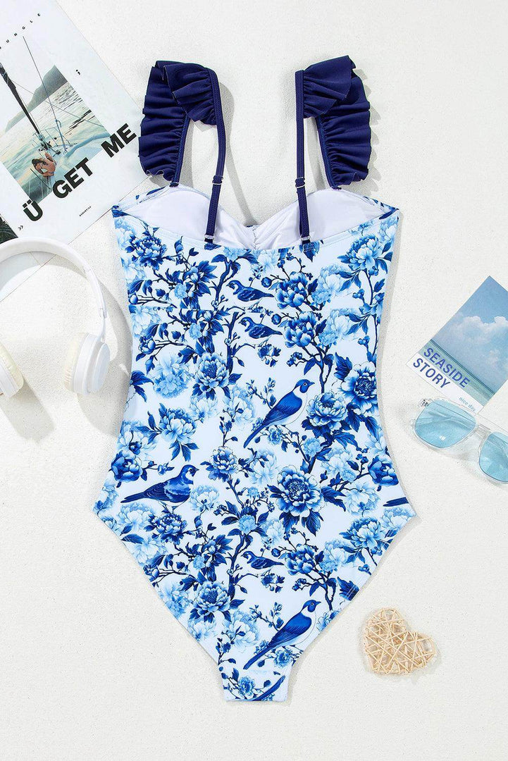 Blue Cutout Ruffled Spaghetti Strap One-Piece Swimwear - Fashion Queen -  10