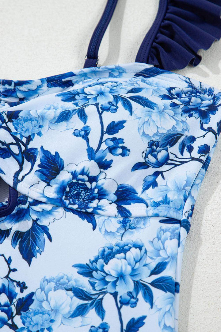 Blue Cutout Ruffled Spaghetti Strap One-Piece Swimwear - Fashion Queen -  12