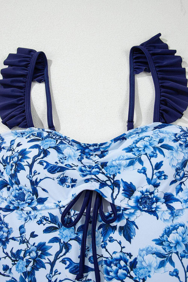 Blue Cutout Ruffled Spaghetti Strap One-Piece Swimwear - Fashion Queen -  14