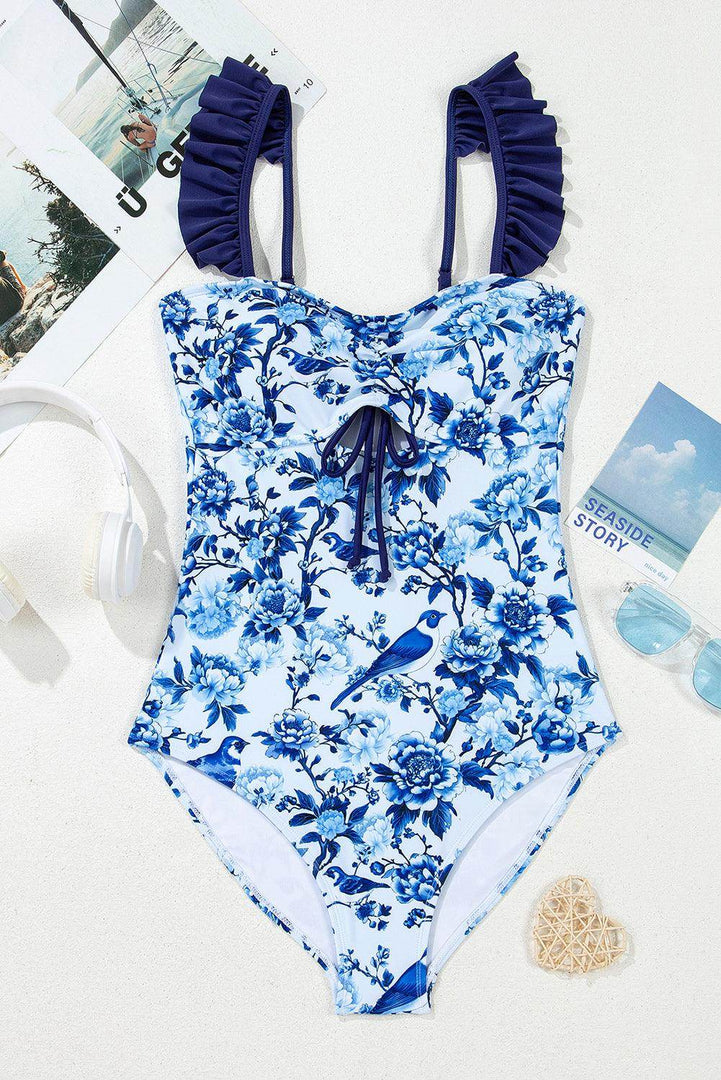 Blue Cutout Ruffled Spaghetti Strap One-Piece Swimwear - Fashion Queen -  9