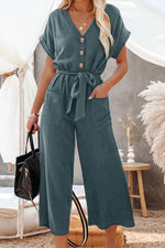 Load image into Gallery viewer, Blue Dolman Button Belted V Neck Wide Leg Pocketed Jumpsuit - Fashion Queen -  1
