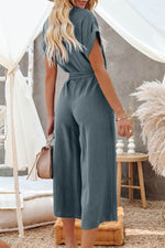 Load image into Gallery viewer, Blue Dolman Button Belted V Neck Wide Leg Pocketed Jumpsuit - Fashion Queen -  2
