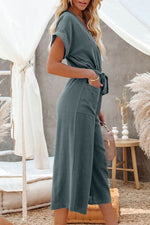 Load image into Gallery viewer, Blue Dolman Button Belted V Neck Wide Leg Pocketed Jumpsuit - Fashion Queen -  3

