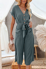 Load image into Gallery viewer, Blue Dolman Button Belted V Neck Wide Leg Pocketed Jumpsuit - Fashion Queen -  4
