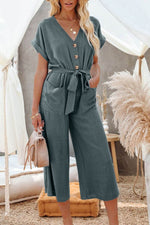 Load image into Gallery viewer, Blue Dolman Button Belted V Neck Wide Leg Pocketed Jumpsuit - Fashion Queen -  5

