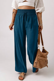 Blue Drawstring Elastic Waist Casual Wide Leg Pants - Fashion Queen -  1