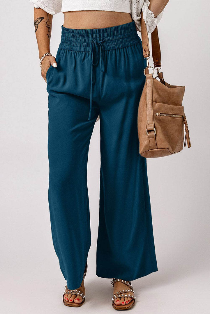Blue Drawstring Elastic Waist Casual Wide Leg Pants - Fashion Queen -  2