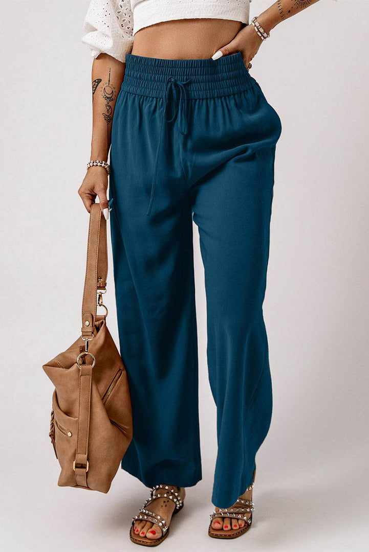 Blue Drawstring Elastic Waist Casual Wide Leg Pants - Fashion Queen -  5