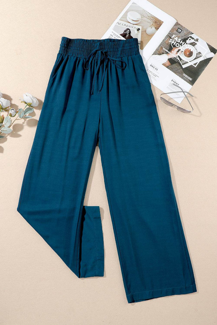 Blue Drawstring Elastic Waist Casual Wide Leg Pants - Fashion Queen -  6
