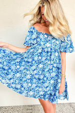 Load image into Gallery viewer, Blue Floral Puff Sleeve Babydoll Mini Dress - Fashion Queen -  10
