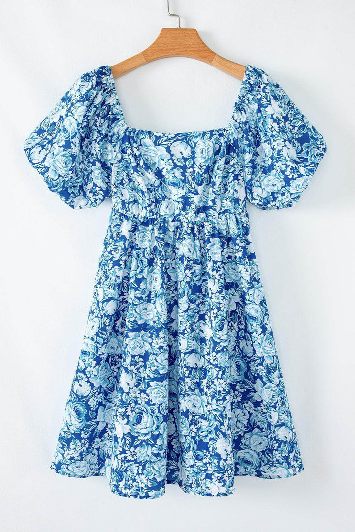 Blue Floral Puff Sleeve Babydoll Mini Dress - Fashion Queen -  12
