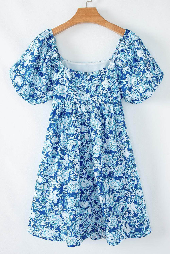 Blue Floral Puff Sleeve Babydoll Mini Dress - Fashion Queen -  13