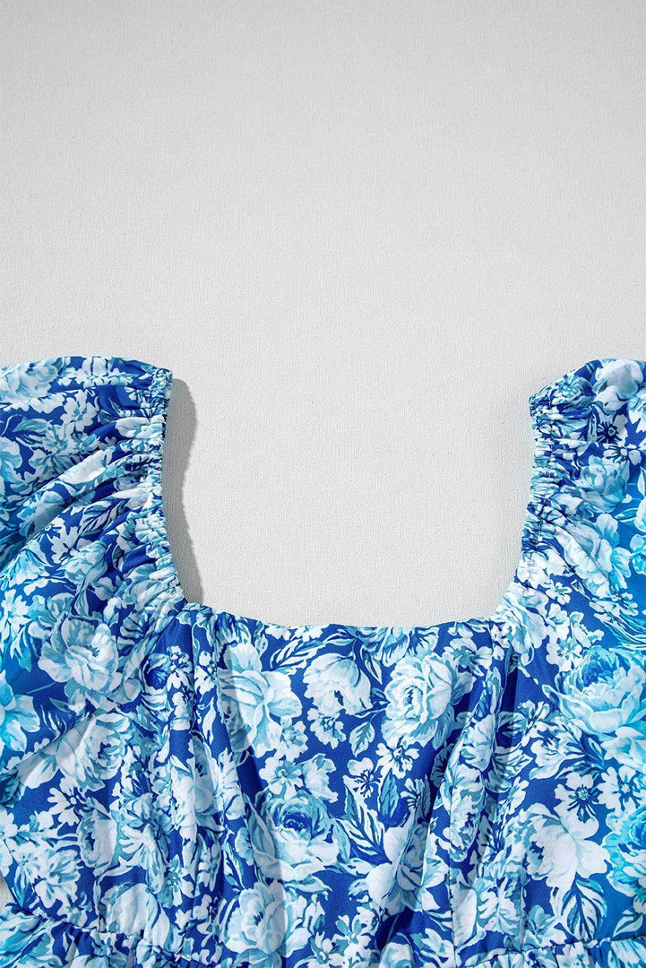 Blue Floral Puff Sleeve Babydoll Mini Dress - Fashion Queen -  14