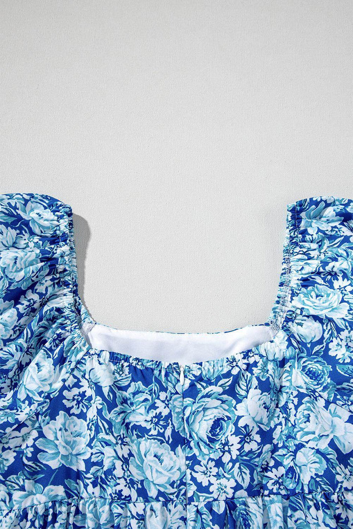 Blue Floral Puff Sleeve Babydoll Mini Dress - Fashion Queen -  15