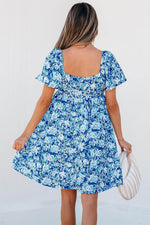 Load image into Gallery viewer, Blue Floral Puff Sleeve Babydoll Mini Dress - Fashion Queen -  2
