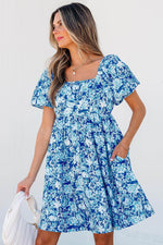 Load image into Gallery viewer, Blue Floral Puff Sleeve Babydoll Mini Dress - Fashion Queen -  3
