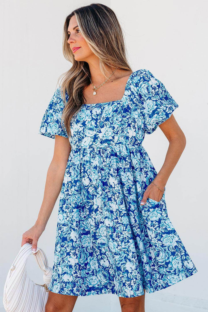 Blue Floral Puff Sleeve Babydoll Mini Dress - Fashion Queen -  3