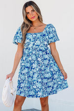 Load image into Gallery viewer, Blue Floral Puff Sleeve Babydoll Mini Dress - Fashion Queen -  4
