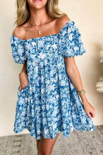 Load image into Gallery viewer, Blue Floral Puff Sleeve Babydoll Mini Dress - Fashion Queen -  8

