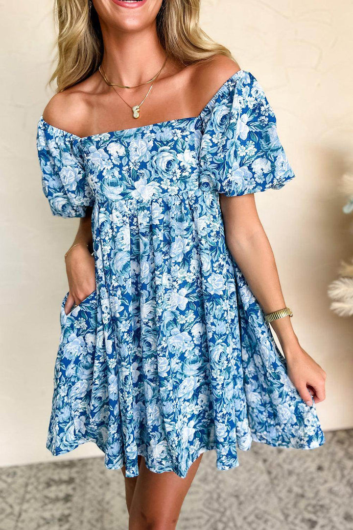 Blue Floral Puff Sleeve Babydoll Mini Dress - Fashion Queen -  8